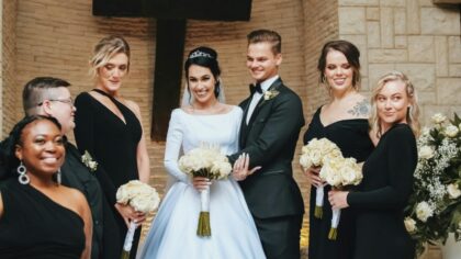 Newlyweds Bridesmaids and Best Man in the Nave of the Church